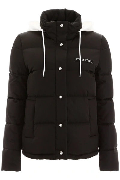 Miu Miu Logo Puffer Jacket With Crystals In Black