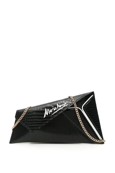 Moschino Asymmetrical Clutch With Signature Logo In Black,white