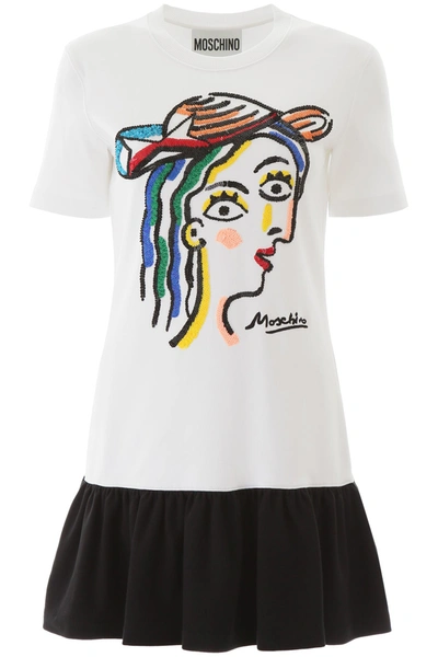 Moschino Jersey Dress With Sequin Embroidery In White,black