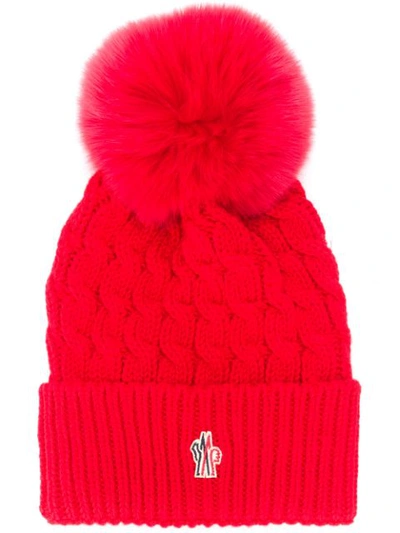 Moncler Logo Patch Bobble Hat In Red