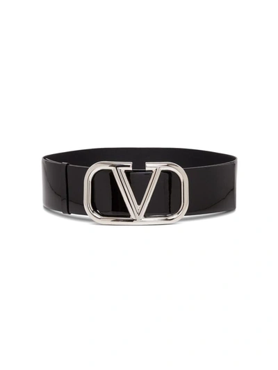Valentino Garavani V Logo Patent Leather Belt In Black