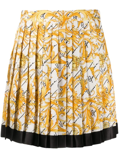 Versace Pleated Printed Silk-twill Mini Skirt In White/gold