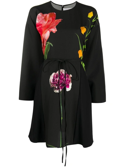 Valentino Flowersity Peony Tie-waist Short Dress In Black