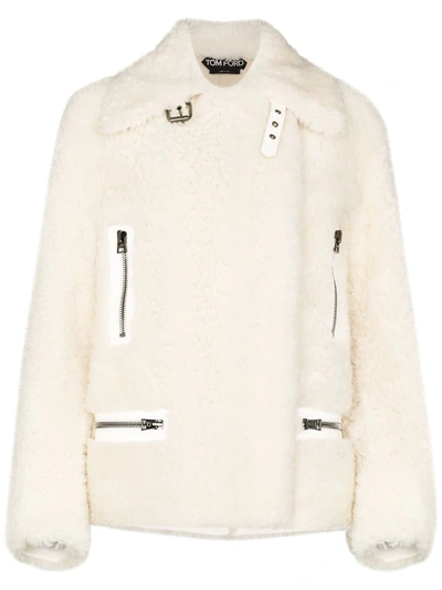 Tom Ford Leather-trimmed Shearling Jacket In White