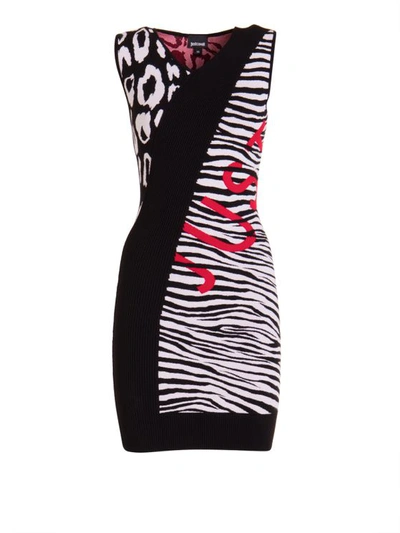 Just Cavalli Animal Print Knitted Dress In Black And White