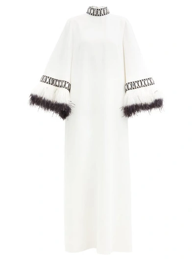 Andrew Gn Feather-trimmed Crystal-embellished Crepe Gown In White