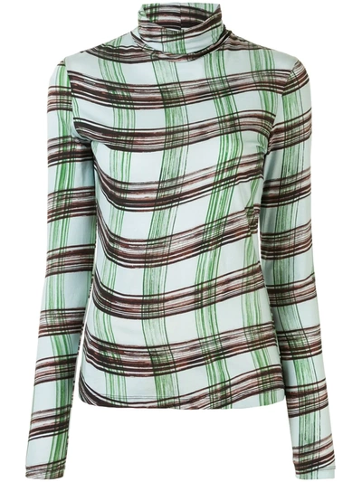 Proenza Schouler White Label Printed Sheer Jersey Turtleneck Top In Baby Blue/green Wavy Plaid