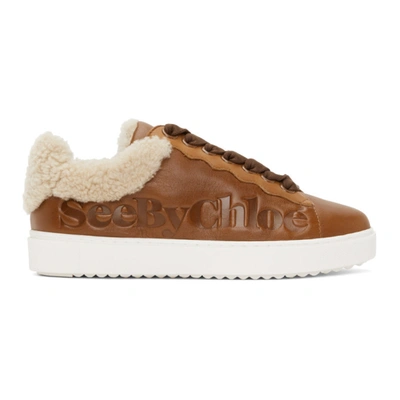 See By Chloé Shearling-trimmed Logo-debossed Leather Sneakers In Tan