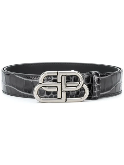 Balenciaga Bb Black Crocodile-effect Leather Belt
