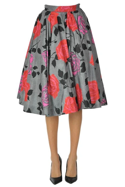 Msgm Flower Print Full Skirt In Grey