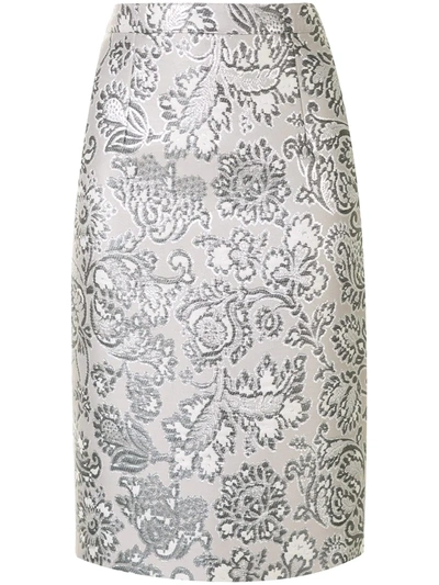 Andrew Gn Floral Brocade Pencil Skirt In Silver
