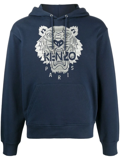 Kenzo Felpa Con Cappuccio In Cotone Con Tigre-logo In Blue