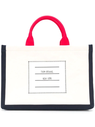 Thom Browne Colour-blocked Cotton-canvas Tote In Beige
