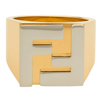 Fendi Gold & Silver 'forever ' Logo Signet Ring In F0f0n Gldsi