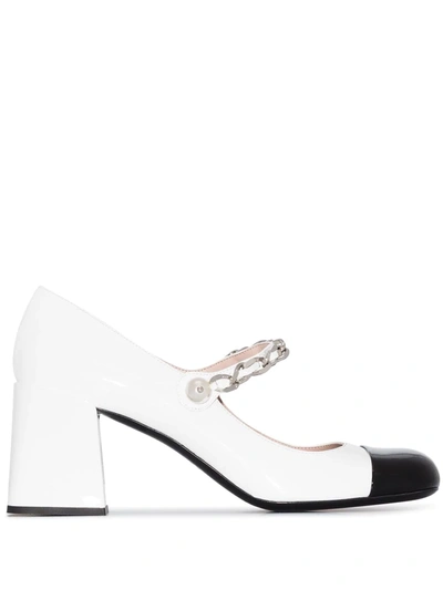 Miu Miu White 65 Chain Trim Leather Mary Jane Pumps