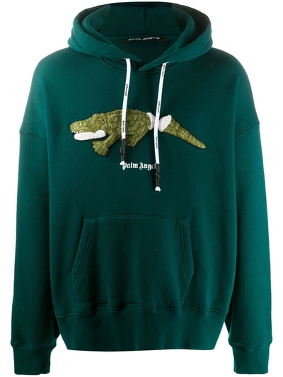 Palm Angels Crocodile Embroidered Hoodie In Green