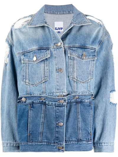 Sjyp Destroyed Detachable Panel Denim Jacket In Blue