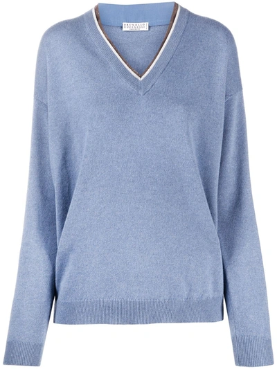 Brunello Cucinelli Striped Neck Jumper In Blue