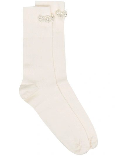 Simone Rocha Faux-pearl Embellished Rib-knit Socks In Neutrals