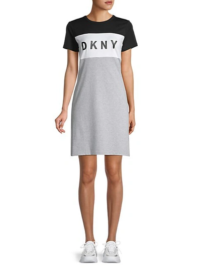 Dkny Women's Logo Stretch-cotton Colorblock Dress In Pearl Heather Grey