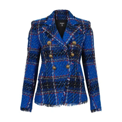 Balmain 6 Button Tweed Jacket In Sbi Bleu Multico