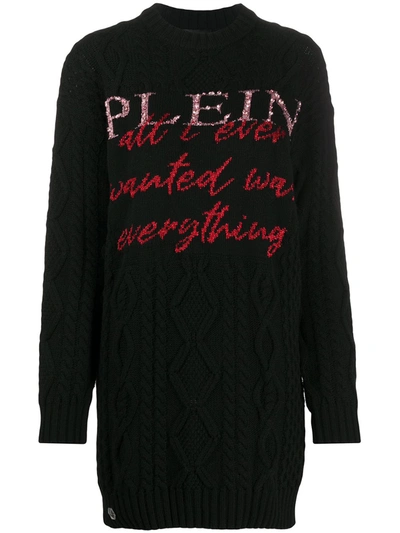 Philipp Plein Lucky Charm Pullover Cable Knit Dress In Black