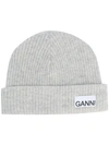 Ganni Logo-patch Ribbed-knit Beanie In Grey