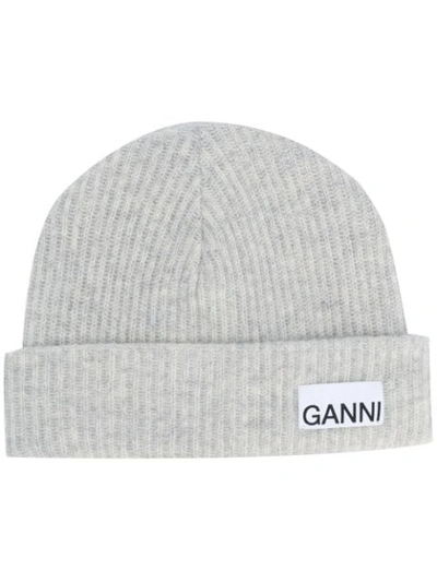Ganni Logo-patch Ribbed-knit Beanie In Paloma Melange | ModeSens
