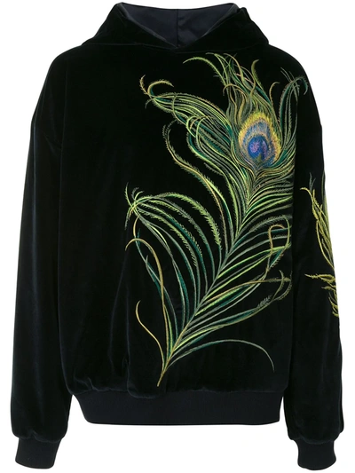 Dolce & Gabbana Peacock-feather Embroidery Velvet Hoodie In Blue