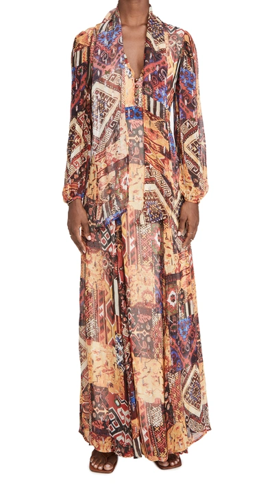 Le Superbe Joni Tie Neck Long Sleeve Maxi Dress In Tapestry Patchwork