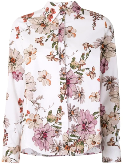 Adam Lippes Floral Print Stretch Poplin Shirt In White