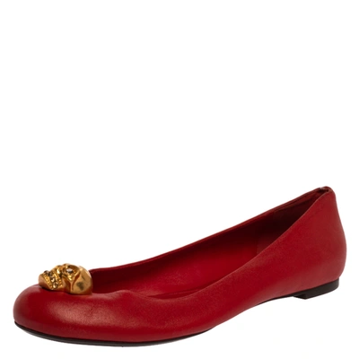 Pre-owned Alexander Mcqueen Red Leather Skull City Ballet Flats Size 39