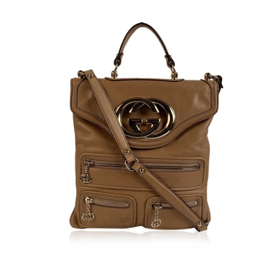 Gucci Beige Leather Britt Messenger Gg Logo Shoulder Bag In Brown