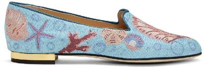 Charlotte Olympia Oceanic Embroidered Canvas Slippers In Blue