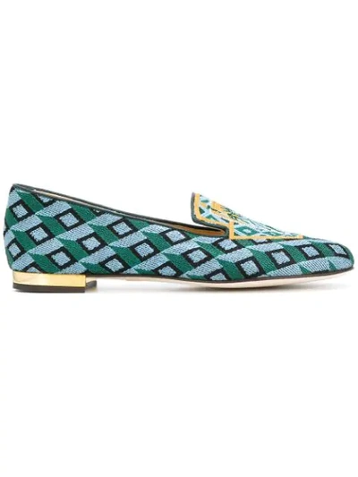 Charlotte Olympia Lady Liberty Embroidered Canvas Slippers In Green
