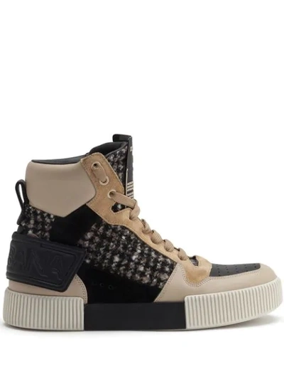 Dolce & Gabbana Miami High Top Sneakers In Houndstooth And Nappa Leather In Neutrals