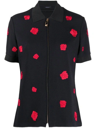 Versace Rose Embroidered Polo Top In Black