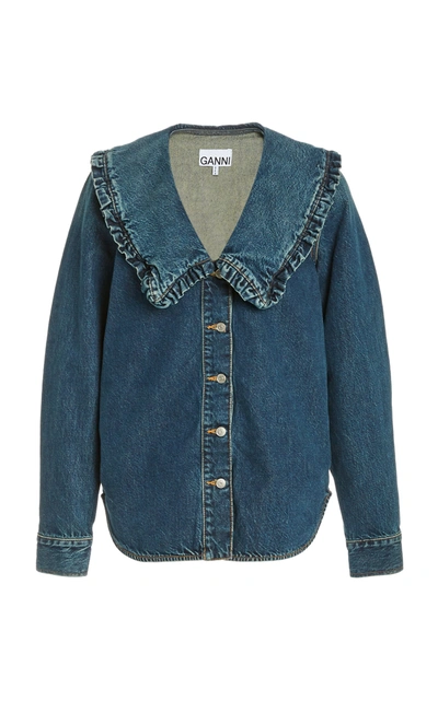 Ganni Ruffle-collar Denim Shirt In Dark Wash