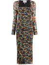 Ganni Floral-print Ruched Midi Dress In Multicolor