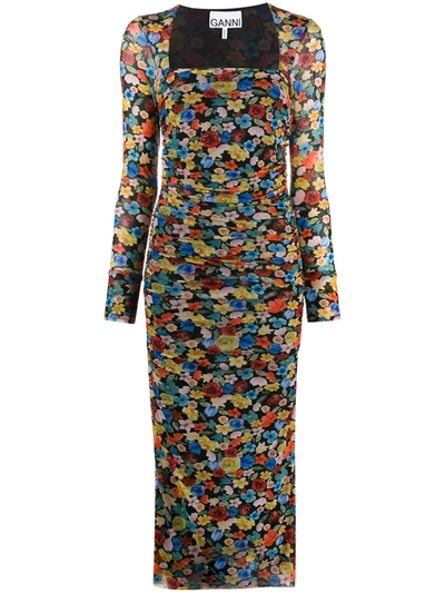 Ganni Floral-print Ruched Midi Dress In Multicolor