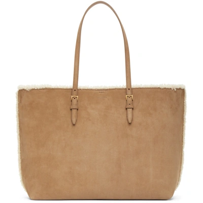 Saint Laurent Tan Shearling Medium East/west Shopping Tote In 9276 Natura