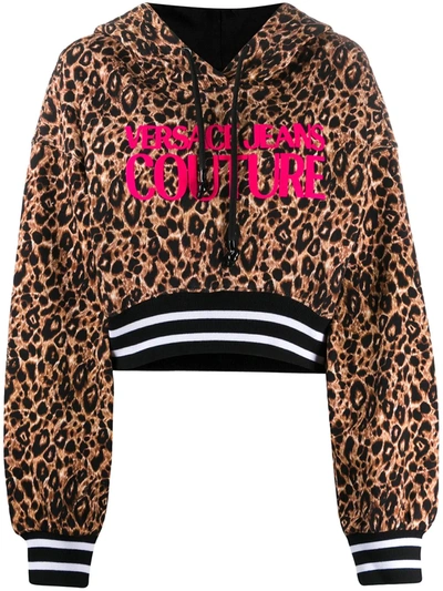 Versace Jeans Couture Leopard Print Cropped Fleece Hoodie In Nero