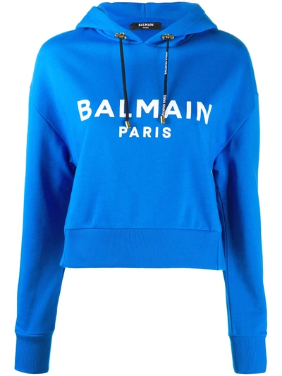 Balmain Cropped Logo Print Hoodie In Blue