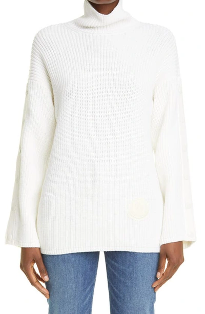 Moncler Button-sleeve Long Turtleneck Sweater In 030 White
