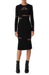 Akris Tulle Cutout Long Sleeve Double Face Wool Blend Midi Sheath Dress In Black