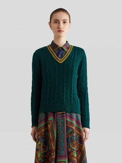 Etro Cabled Wool Jumper In Green