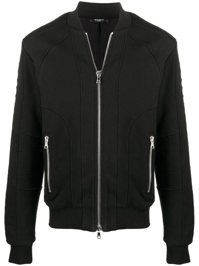 Balmain Ribbed Detail Cotton Bomber Jacket In Black