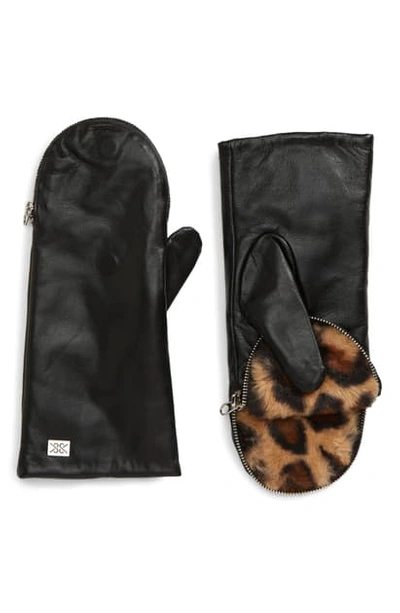 Soia & Kyo Leather Zip Top Mittens With Faux Fur Lining In Black/ Leopard