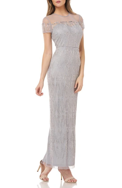 Js Collections Illusion Yoke Beaded Column Gown In Silver