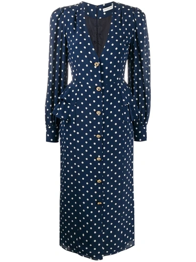 Alessandra Rich Polka Dot Silk Midi Dress In Blue